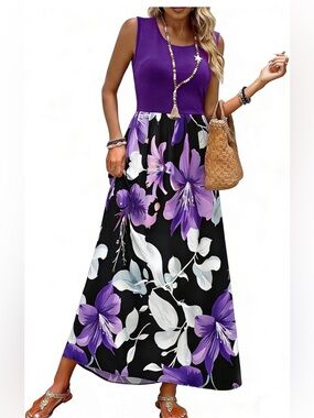 Blue Time 2XL Purple Floral Maxi Dress Sleeveless Stretch Top Flowy Summer